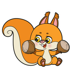 Cute cartoon squirrel sits and holds nuts in its vector