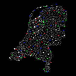 bright mesh wire frame netherlands map with flare vector