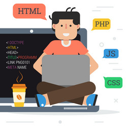 happy programmer on the computer with coffee vector image
