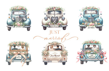 Watercolor Wedding Cars - Isolated Set Vector Image