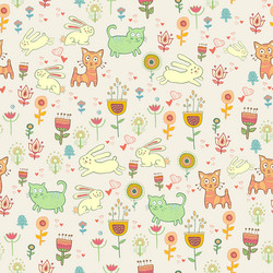 Cute Cartoon Animals and Flowers Pattern Vector Image