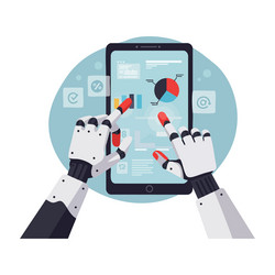 robot hands interacting with tablet displaying vector image