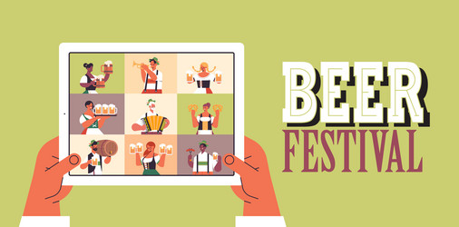 People on tablet screen celebrating oktoberfest vector