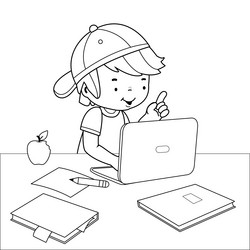 Boy doing his homework on the computer vector