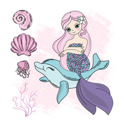 Mermaid & Dolphin Tropical Sea Art Vector Image