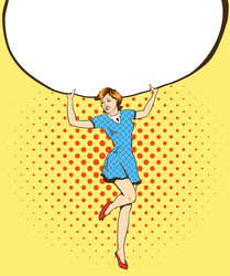 woman holds blank white paper poster pop art vector