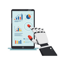 robot hand interacting with data charts on tablet vector image