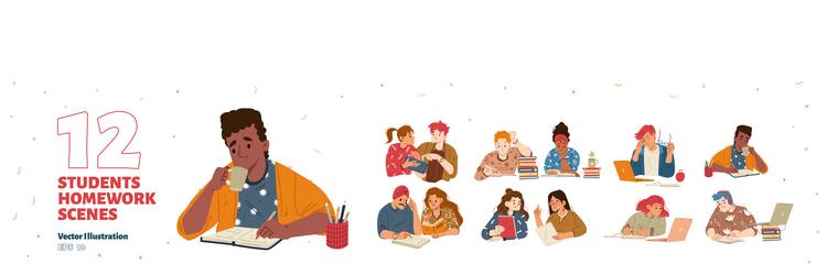 Students do homework read books vector