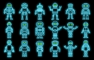 humanoid robot icons set neon vector