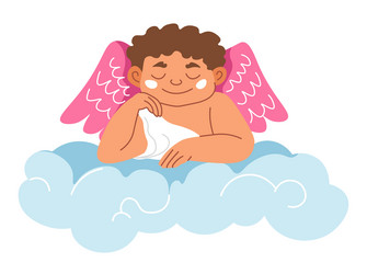 kid angel with wings sitting on cloud in haven vector