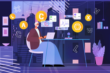 senior man using cryptocurrency mining application vector image