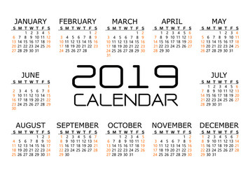 Calendar 2019 black orange text number on white vector