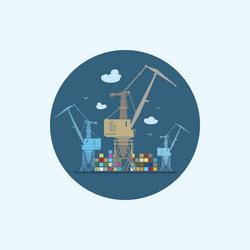 icon with colored cargo cranes and containers vector