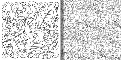 doodle summer beach set and seamless pattern Vector Image