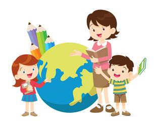 Happy teacher with boy and girls learning vector