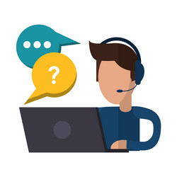 Call center man talking laptop vector