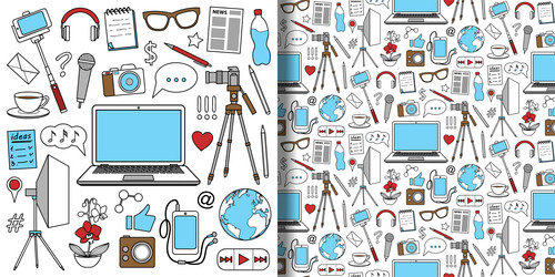 blog objects set and seamless pattern vector image