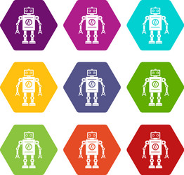 retro robot icon set color hexahedron vector image
