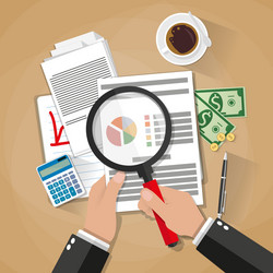 hands with magnifier analysis paper sheet vector image