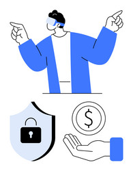 man using vr headset with security shield hand vector image
