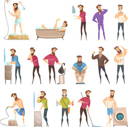 male hygiene cartoon retro style set vector