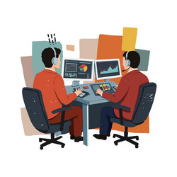 two operators monitoring data on multiple screens vector image