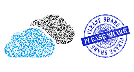 Grunge please share stamp seal and triangle clouds vector