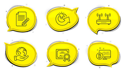 Bitcoin system share idea and article icons set vector