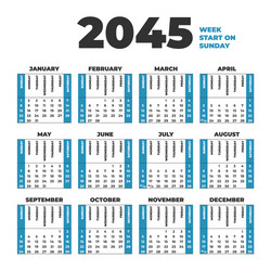 2045 calendar template with weeks start on sunday vector