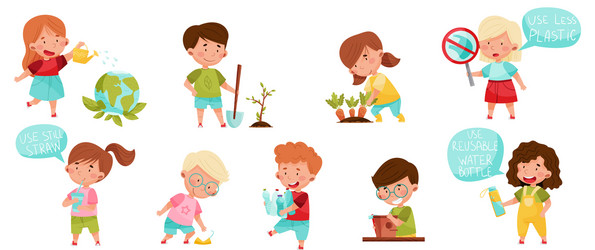 kid characters gathering plastic bottles vector