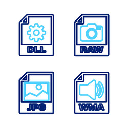 Set line wma file document jpg raw and dll icon vector