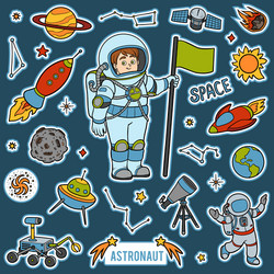 set with astronaut and space objects cartoon items vector image