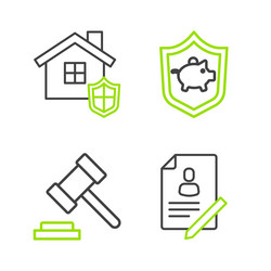 set line document with shield judge gavel piggy vector image