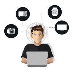man usign computer internet things icons vector image