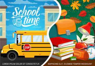 Back to school bus and student study supplies vector