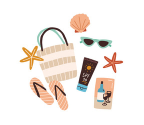 beach bag or purse with sunglasses flip-flops vector