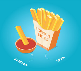 franch fries in the yellow box with ketchup vector