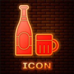 glowing neon beer bottle and glass icon isolated vector