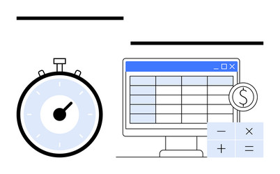 stopwatch and computer monitor with spreadsheet vector image