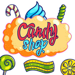 Candy shop hand drawn logo design vector