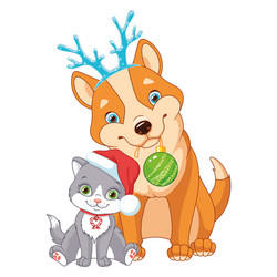 Cute Christmas Dog and Cat Vector Image