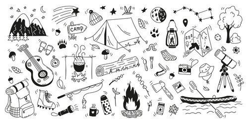 Camping hand drawn doodle set isolated icon Vector Image