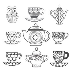 Background of tea time cups pots and cupcake vector