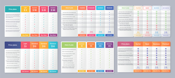 Price table comparison template with 4 columns vector