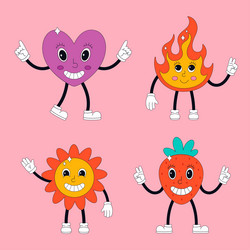 set of cute characters in psychedelic 70s style vector image