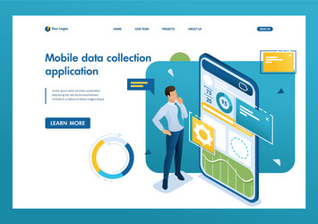young man works on a mobile application for data vector image