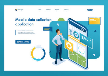 young man works on a mobile application for data vector