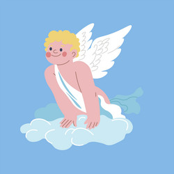 excited angel boy sitting on clouds havens vector