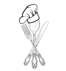 Cook hat spoon fork knife label cutlery sign vector