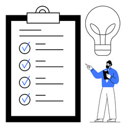 man presenting checklist ideas with a light bulb vector image